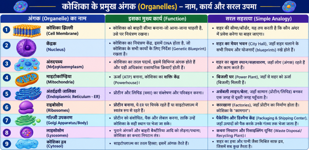 कोशिका के प्रमुख अंगक Cell Organelles के नाम, कार्य और सरल उदाहरण