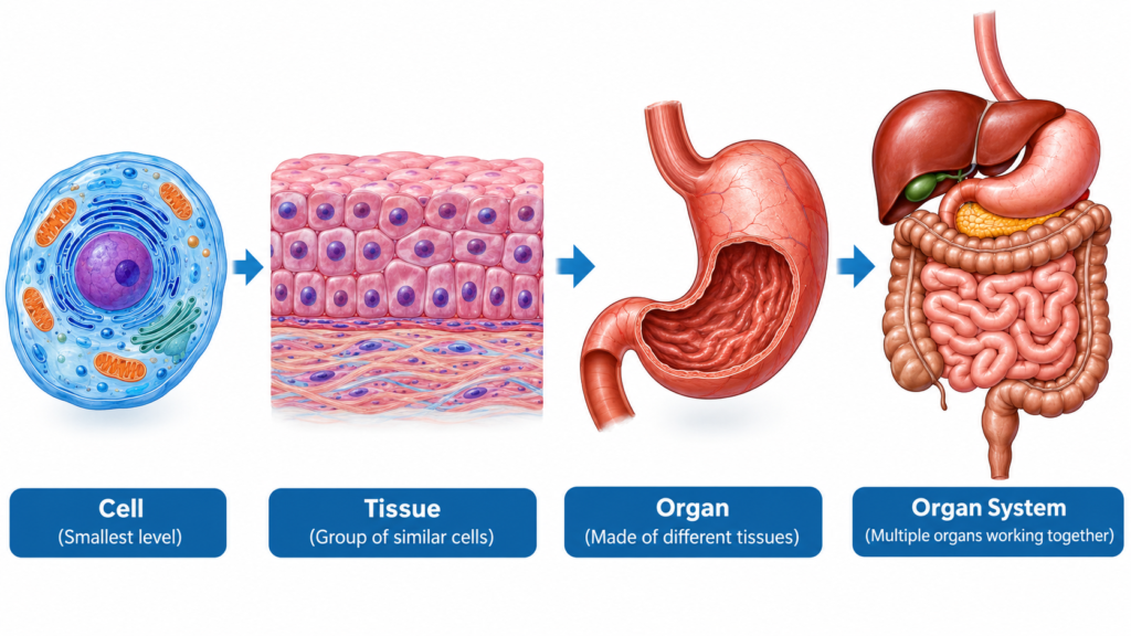 Human body organization from cell to tissue, organ, and organ system